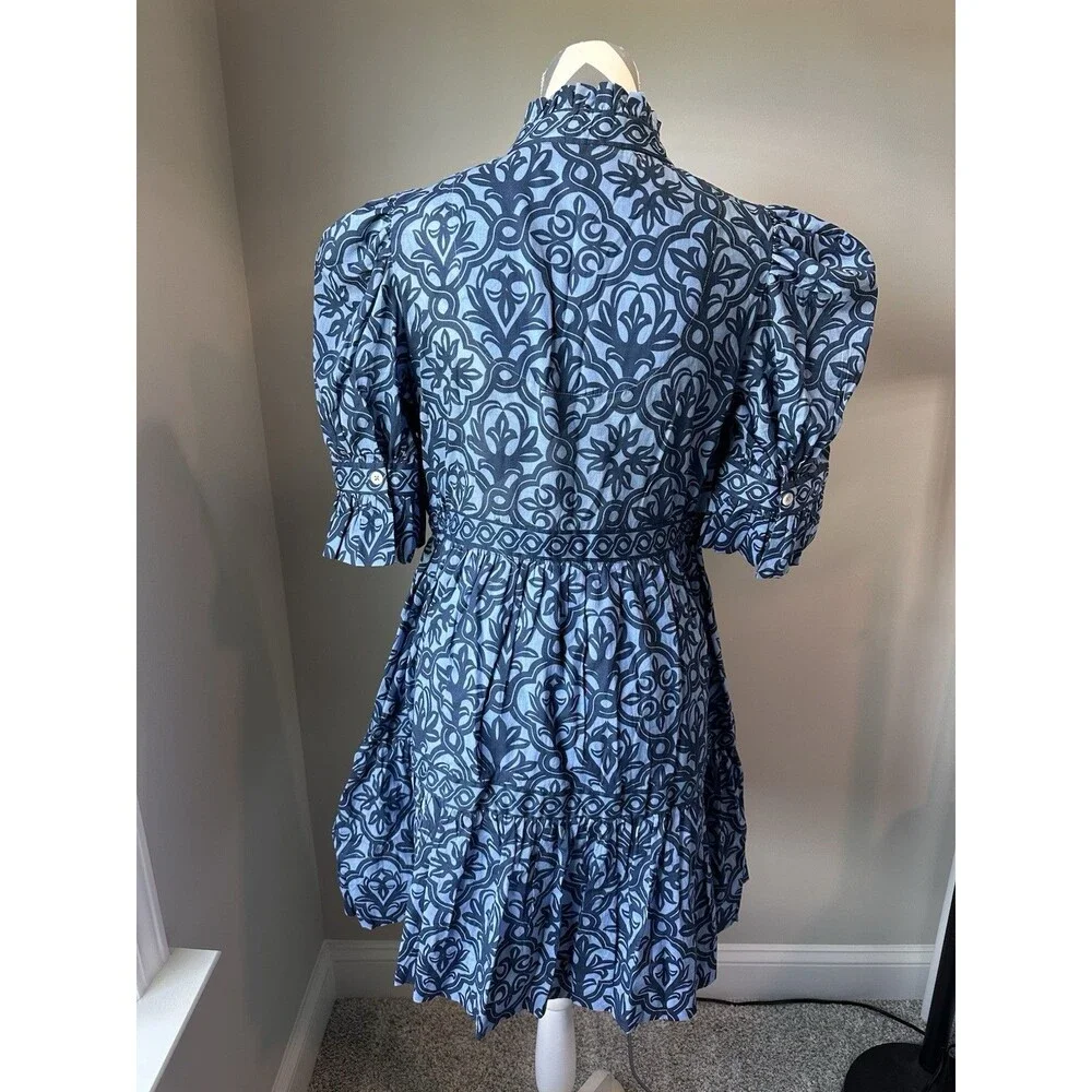 Gretchen Scott Blue Medallion Cotton Puff Sleeve Split Neck Mini Dress Small